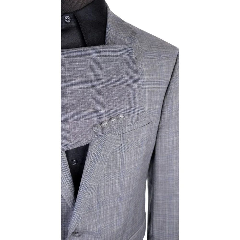 Calvin Klein 2-Pcs Plaid Gray Wool Suit Jacket Blazer 46R Pants 42X28 2-Button